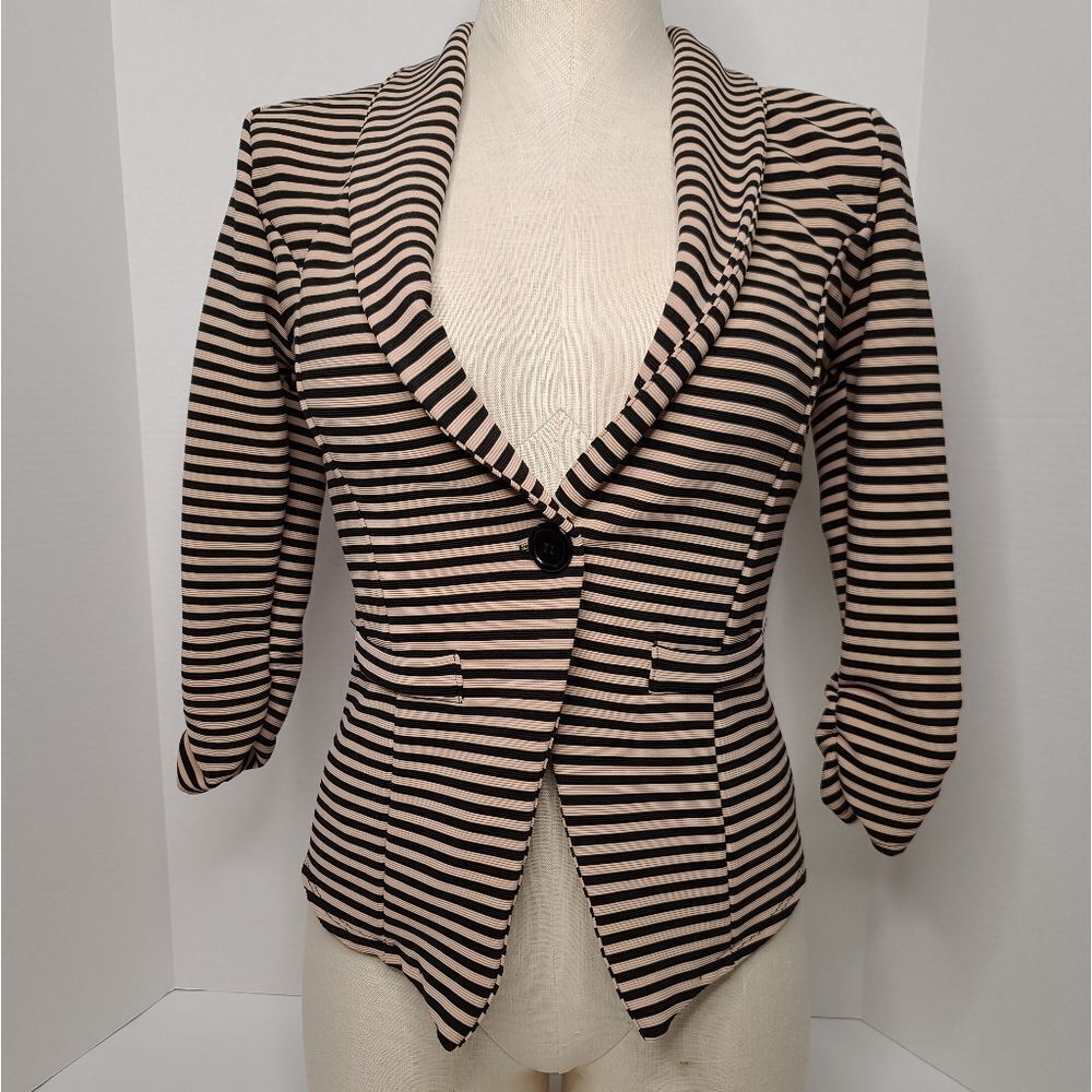 Aibon Rose Women's Striped Cream Black Blazer Size S